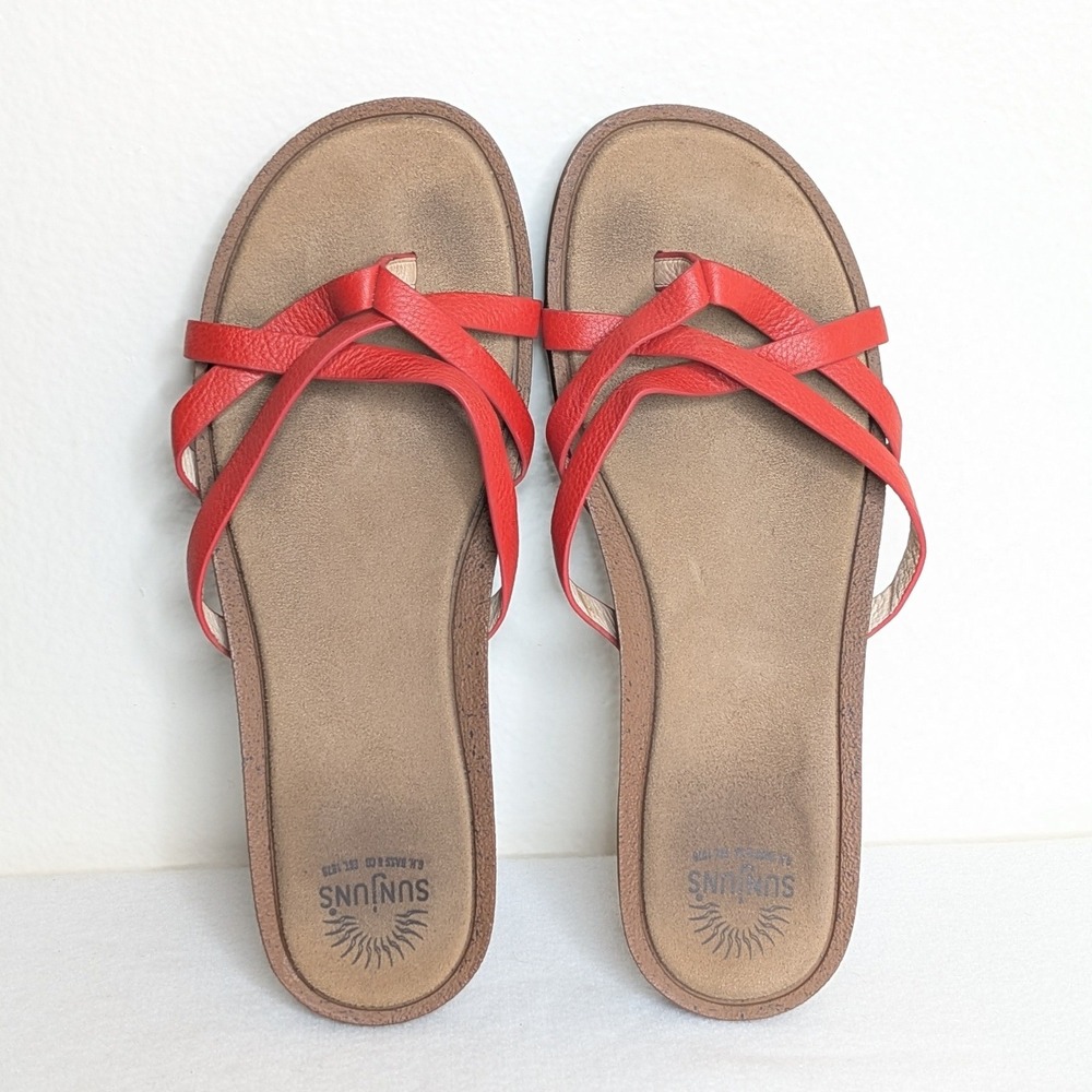 Sunjuns GH Bass Red Leather Strappy Flat Thong Sandals Womens 10